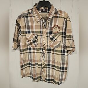 Red Ape Mens Large Short Sleeve Embroidered Patches Brown Plaid Shirt Streetwear